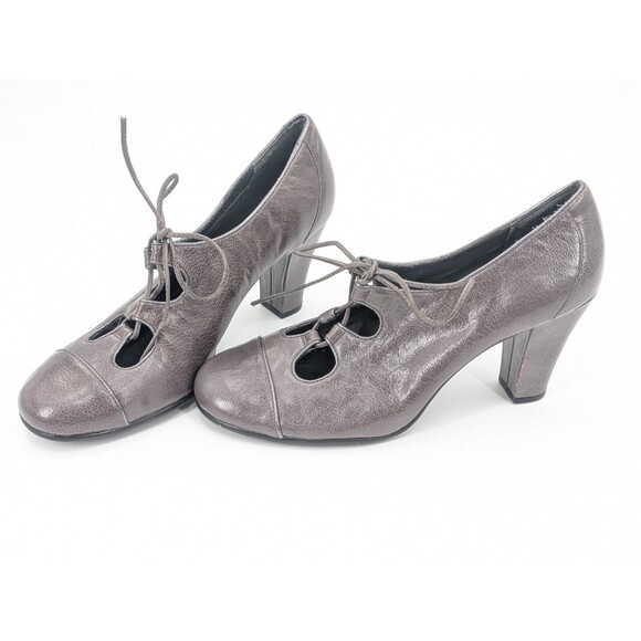 Aerosoles Retro Pin Up Girl Gray Leather Lace Up Tie Bow Pump Heels Size 9.5 - Picture 2 of 9